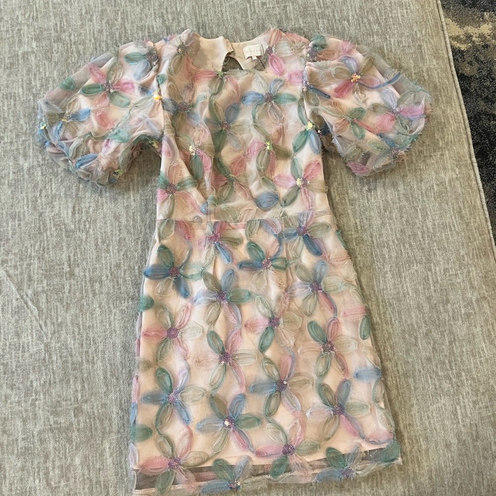 Entro Pink and Blue Sheath Dress with Puff Sleeves and V-Neck for Cocktail